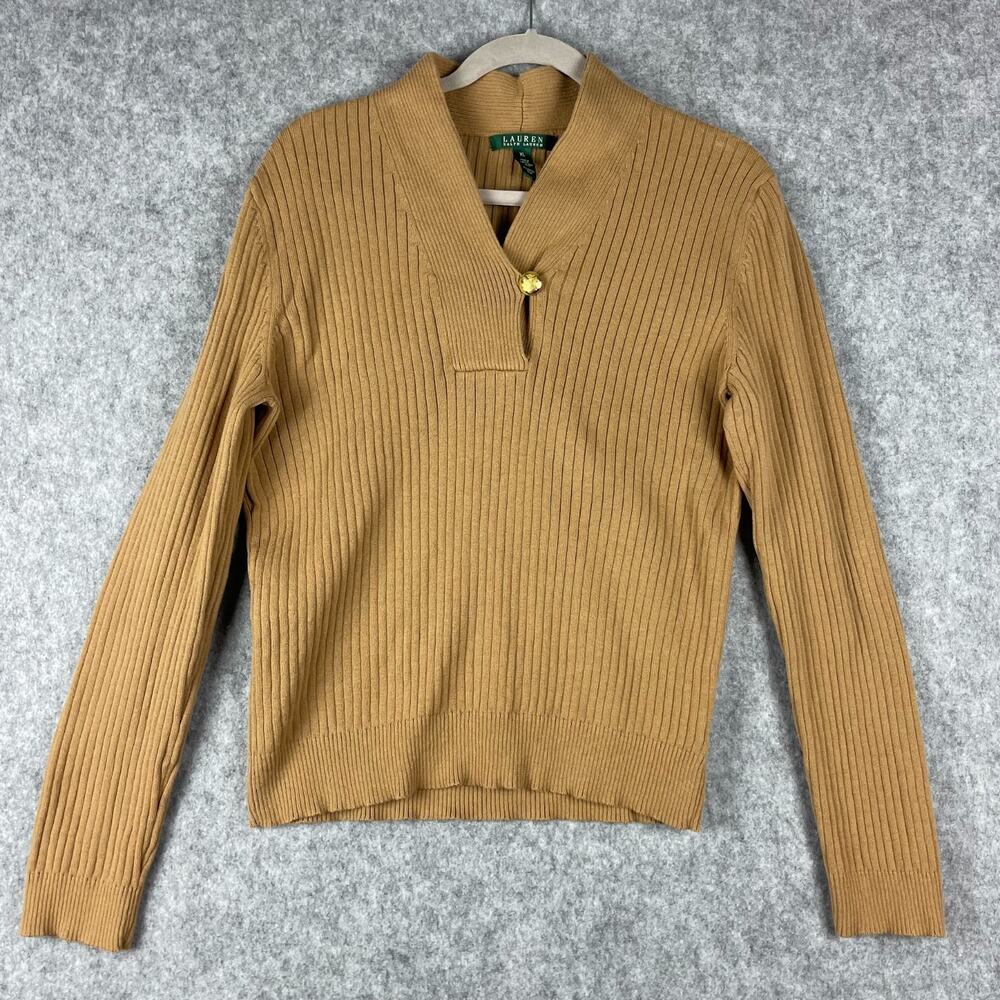 Lauren Ralph Lauren Sweater Womens XL Tan Ribbed Knit Gold Button Classic Career